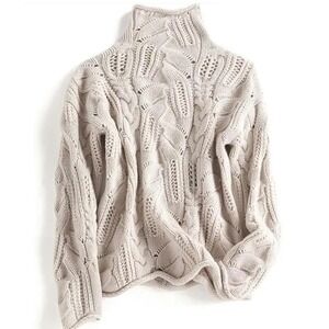 Oatmeal Beige Cable Knit Pointelle Turtleneck Sweater Chunky Mock Neck Pullover